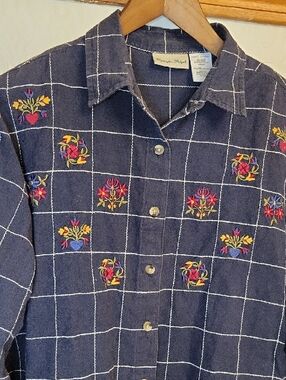 Black Boho Windowpane Button-Down Shirt with Floral Embroidery